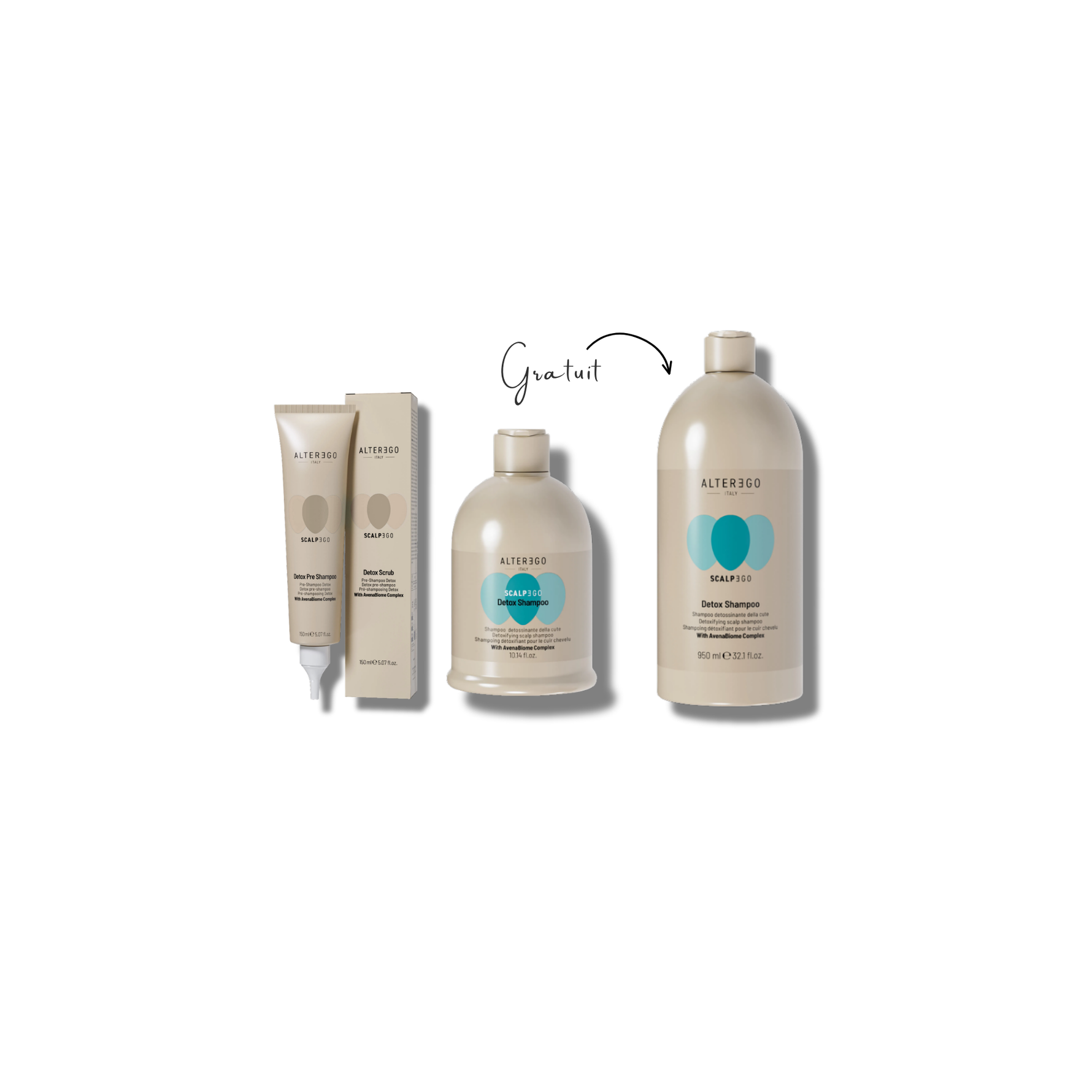 When you purchase the Detox Scrub and the 300 ml Detox Shampoo, receive the 950 ml Detox Shampoo.